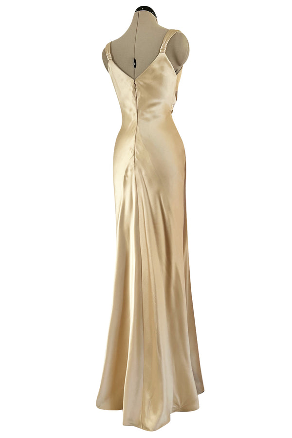 Iconic Fall 1980 John Anthony Couture Plunge Front Gold Silk Charmeuse Halter Dress w Bare Back