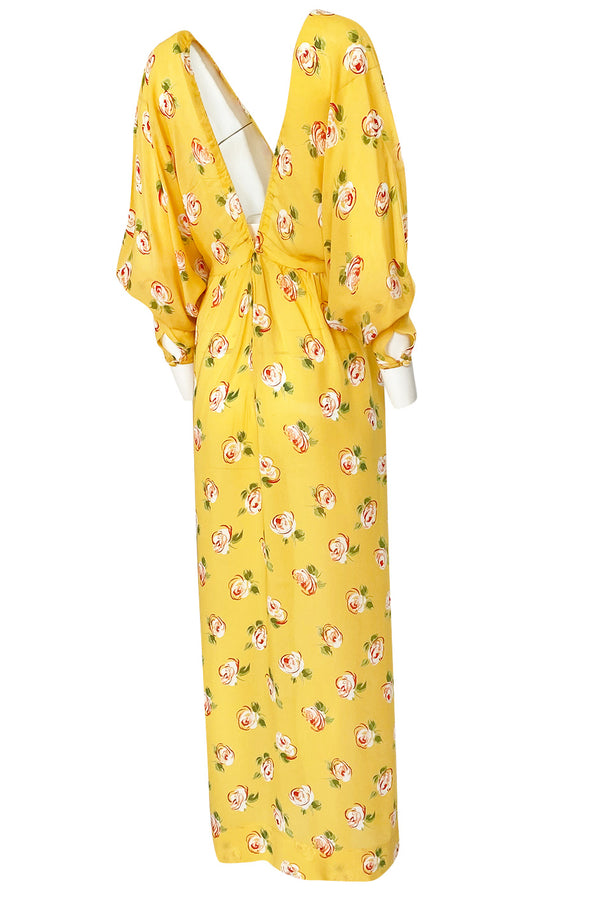 1970s Jean Varon Deep Front & Back Plunge Floral Print Yellow Crepe Dress