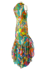 1971 Pierre Cardin Couture Printed Silk Organza Ruffled 'Roundel' Hem Dress