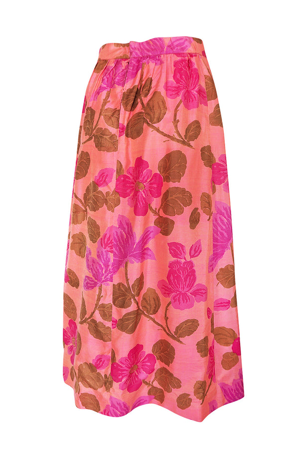 1960s Unlabeled Pink Exotic Floral Print Thai Silk Skirt