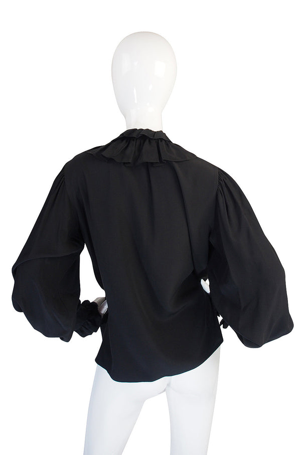 1970s Black Silk Ruffle Yves Saint Laurent Top