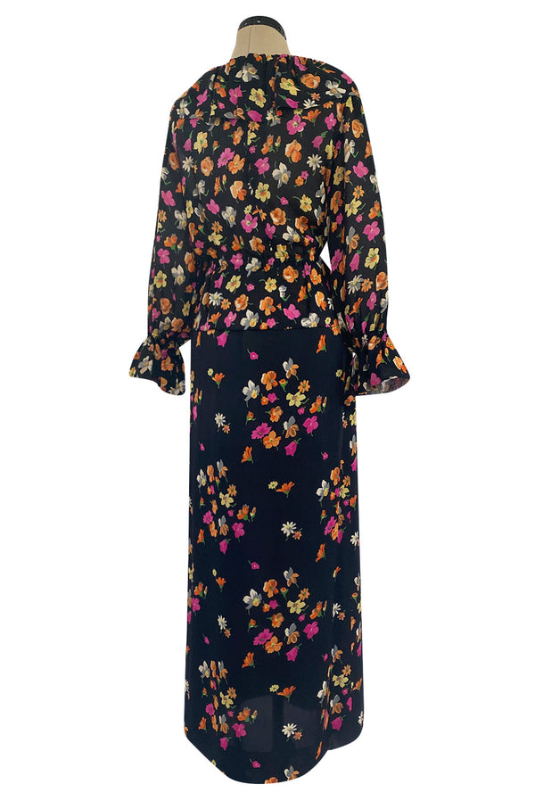 Early 1970s Christian Dior by Marc Bohan Demi-Couture Floral Silk Skirt & Top Dress Set