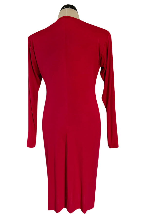 Iconic Fall 1985 Yves Saint Laurent Ad Campaign Red Plunge Dress w Jewel Clasp