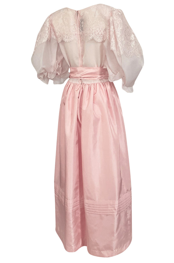 1980s Oscar de la Renta Pale Pink Taffeta, Lace & Chiffon Pouf Sleeve Dress