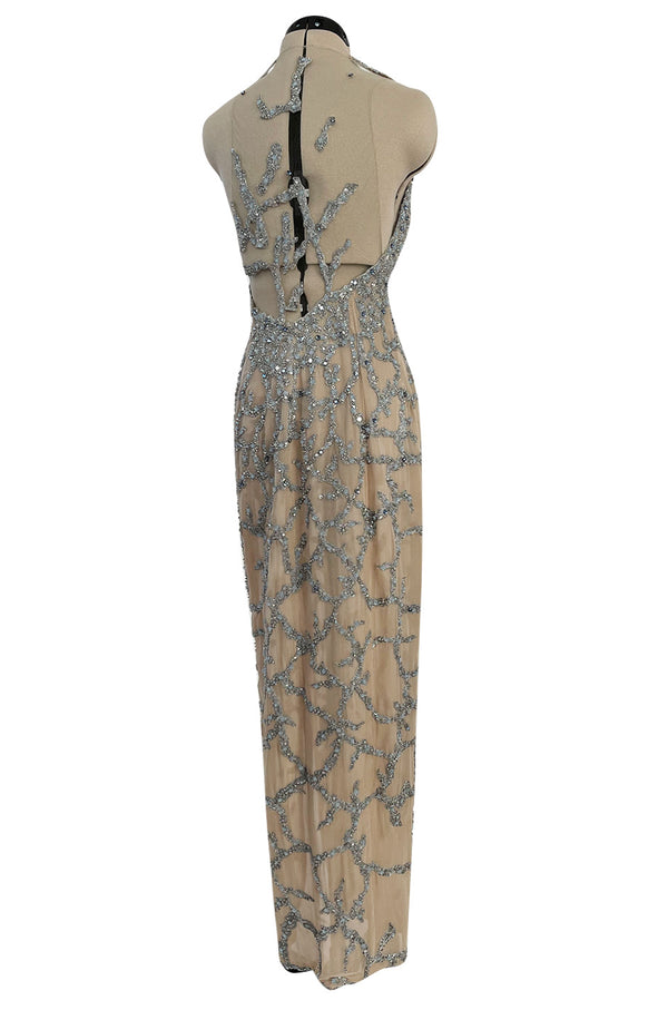 Exquisite 1985 John Anthony Nude Silk Chiffon & Net Dress w Silver Chain Rhinestones and Beads