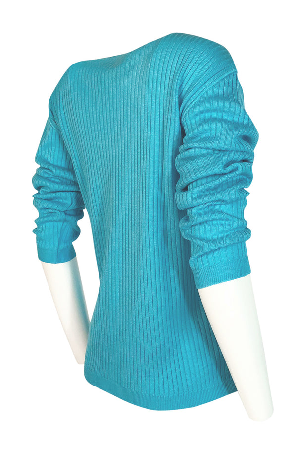 c.1978 Courreges Bright Turquoise Button Up Sweater Cardigan