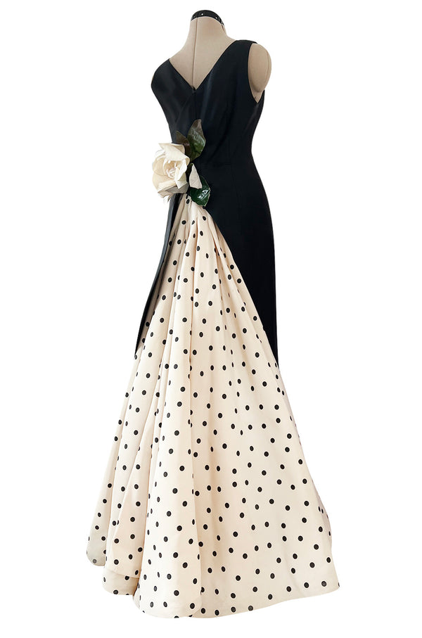 Well Documented Spring 1988 Valentino Haute Couture Silk Dress w Sweeping Dotted Train & Flower