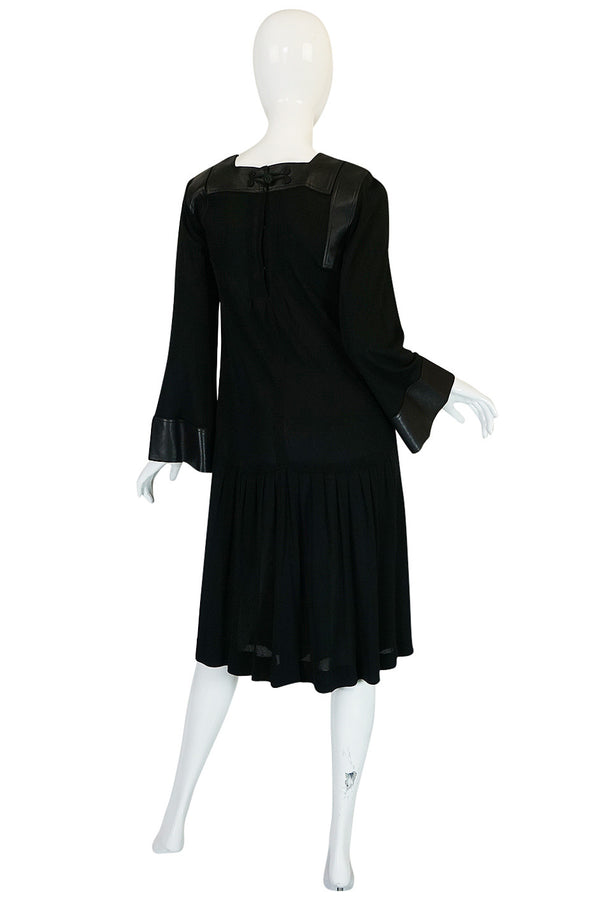 1970s Jean Muir Leather Embellished Black Jersey Dress