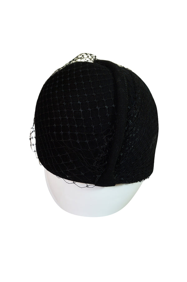 1970s Halston Black Felt and Netted Rounded Pill Box Hat