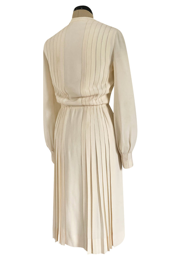 Spring 1976 Chanel Haute Couture Silk Ivory Dress w Hand Stitched Pleats