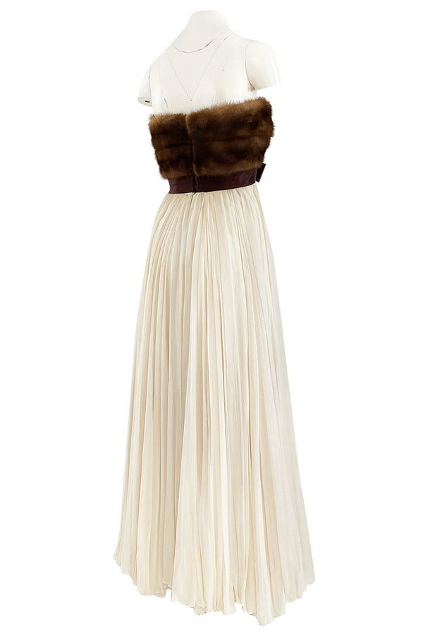 Documented 1963-64 Sarmi Ivory Silk Chiffon Dress w Strapless Natural Mink Bodice & Chocolate Silk Bow