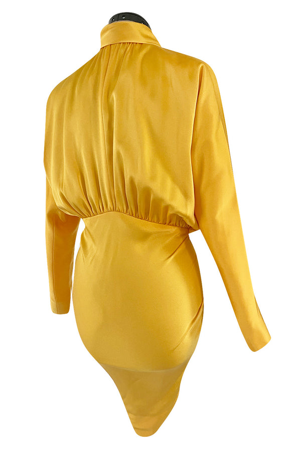 1980s Ady Couture Lausanne Yellow Bias Cut Silk Satin Two Way Tunic or Mini Dress