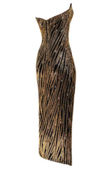 Stunning 1980s Bob Mackie Gold Glass Beaded & Silk Chiffon Strapless Dress