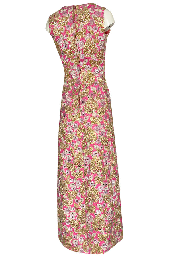 1960s Kiki Hart Silver, Gold & Pink Silk Brocade Dress w Rhinestone Detailing