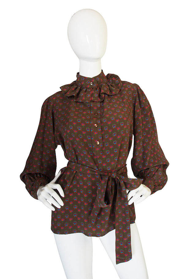 1970s Yves Saint Lauent Silk Ruffle Print Top