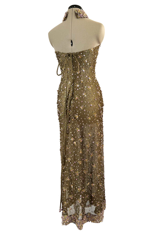 Incredible 1990s John Anthony Couture Gold Lame Mesh Beaded Dress w Beaded Choker