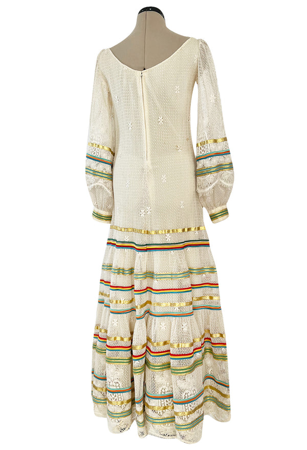 1975 Giorgio Sant' Angelo Hand Crochet Dress w Balloon Sleeves & Metallic Ribbon Detailing