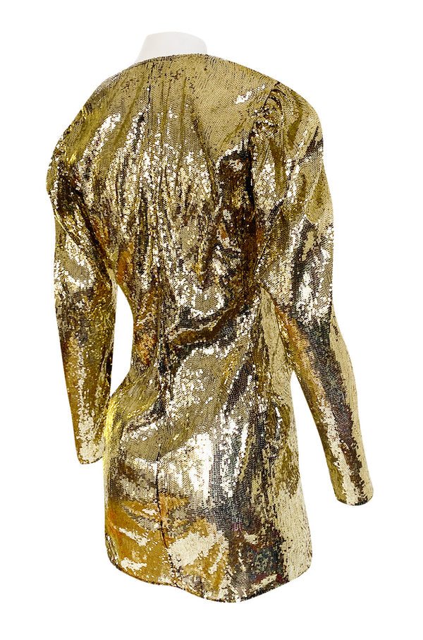 Exclusive 2018 Attico for Luisaviaroma Gold Sequin Wrapped Plunging Mini Dress