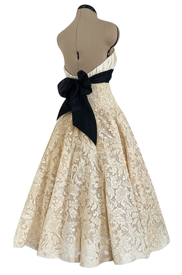 Exceptional Spring 1956 Pierre Balmain Haute Couture Strapless French Alencon Lace & Silk Organza Dress