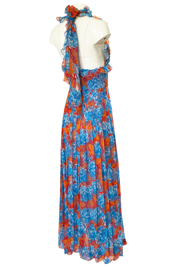 Spectacular c.1978 Valentino Blue & Coral Floral Silk Halter Backless Dress