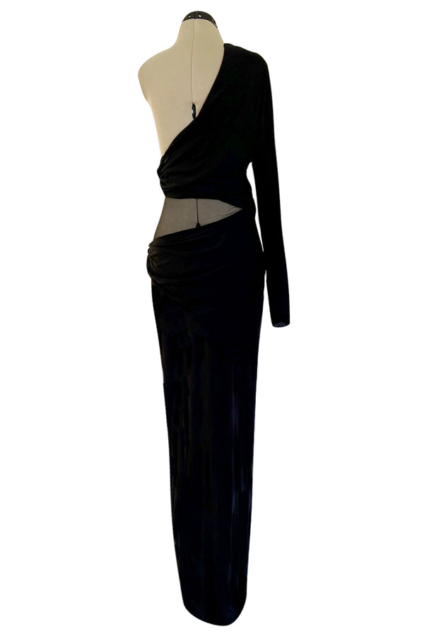 Spectacular Early 2000s John Anthony Couture Black Jersey & Mesh One Sleeve Dress