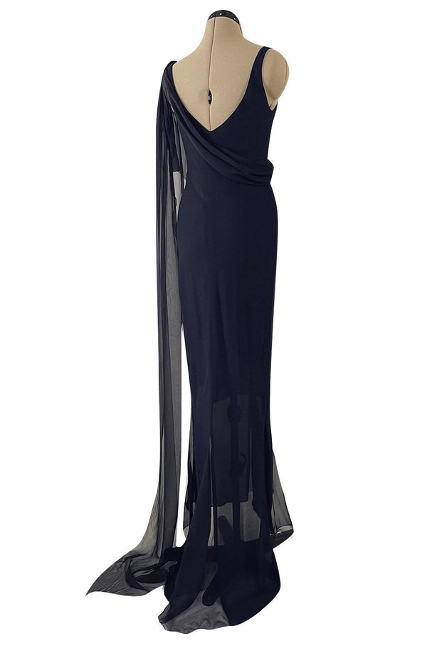 Fabulous 2002 Chanel Cruise Collection Stretch Jersey & Draped Silk Chiffon Midnight Blue Dress