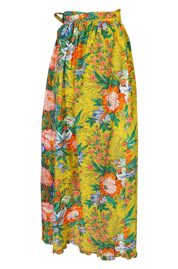 1970s Stephen Burrows Floral Cotton Print Wrap Maxi Skirt