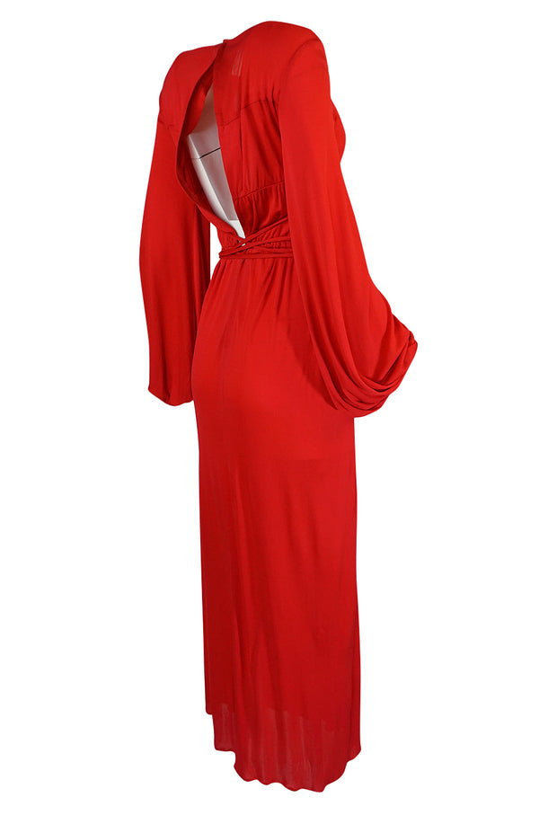 Documented 1973 Bill Blass Couture Tie Detailed Red Silk Jersey Dress