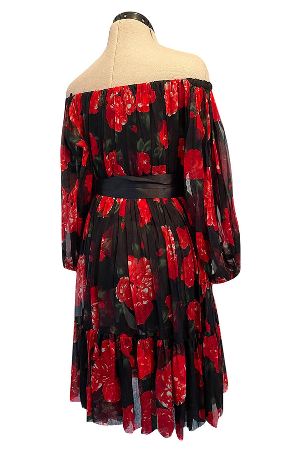 Documented Fall 1994 Yves Saint Laurent Silk Chiffon Off Shoulder Dress w Bold Red Rose Print