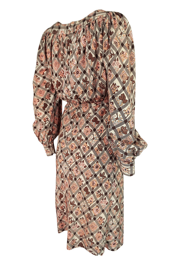 Prettiest 1970s Emanuel Ungaro Haute Couture Full Sleeved Floral & Lattice Printed Silk Dress