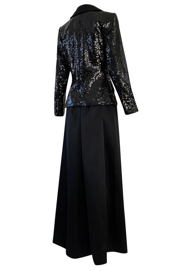 Documented Fall 1992 Yves Saint Laurent Black Sequin 'Le Smoking' Jacket & Silk Maxi Skirt Set