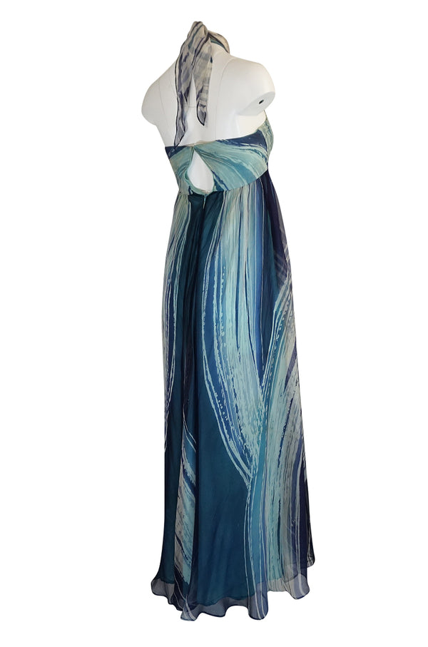 1974 Thea Porter Couture Documented 'Wave' Print Silk Chiffon Backless Dress