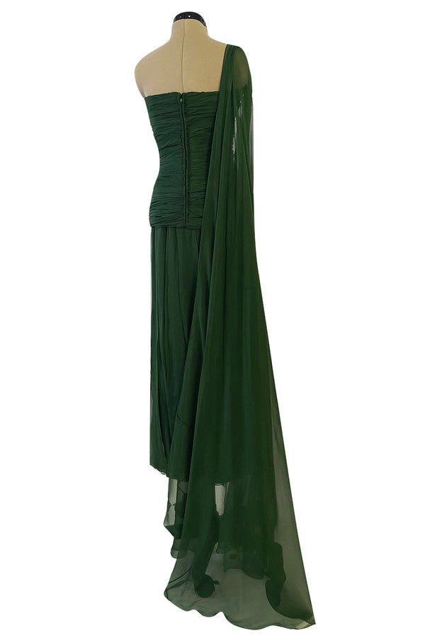 Spectacular Late 1970s Galanos Moss Green Silk Chiffon Car Wash Hem Dress w Draped Shoulder Panel