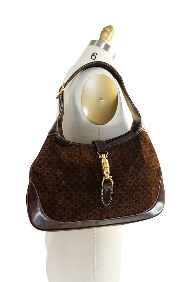 1970s Brown Logo Velvet & Leather Gucci Hobo Bag