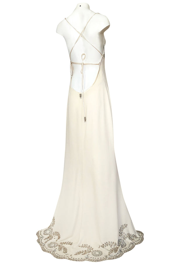 1990s Valentino Trained Backless Ivory Silk Dress w Sequin & Bead Detail