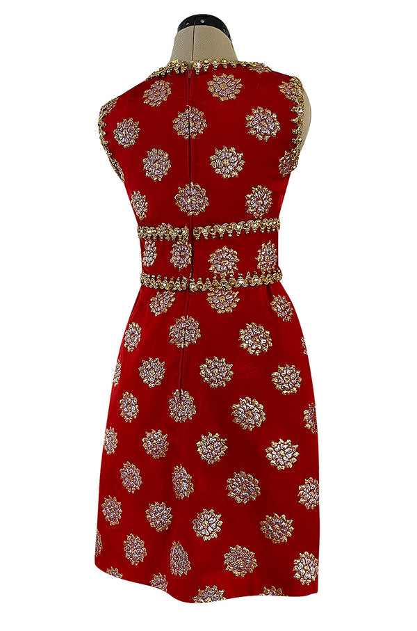 Exceptional Late 1960s Oscar de la Renta Red Silk Dress w Gold & Silver Detailing