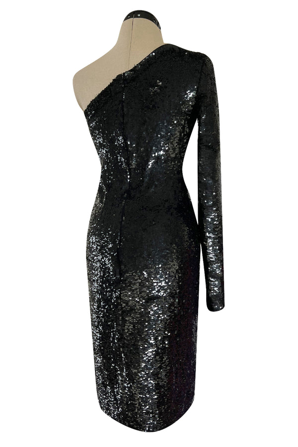 Early 2000s John Anthony Couture One Shoulder & Sleeve Densely Sequinned Glossy Black Dress