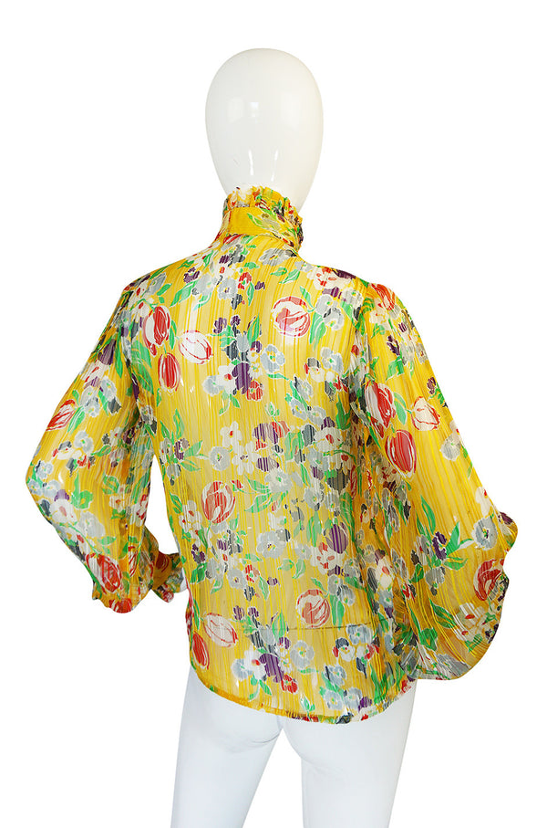 1981 Emanuel Ungaro Yellow Floral Printed Silk Ribbon Chiffon Ascot Top