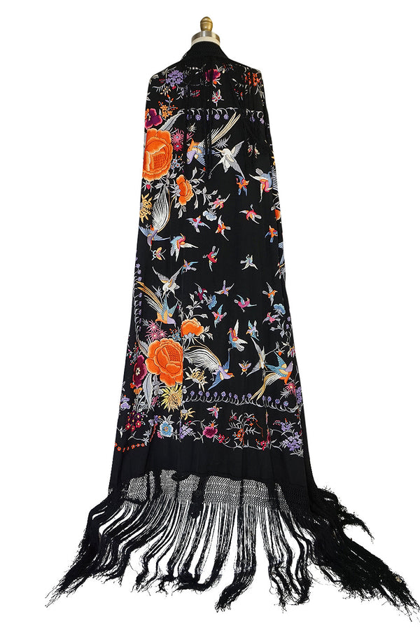 Extraordinary 1920s Embroidered Silk Fringe Piano Shawl