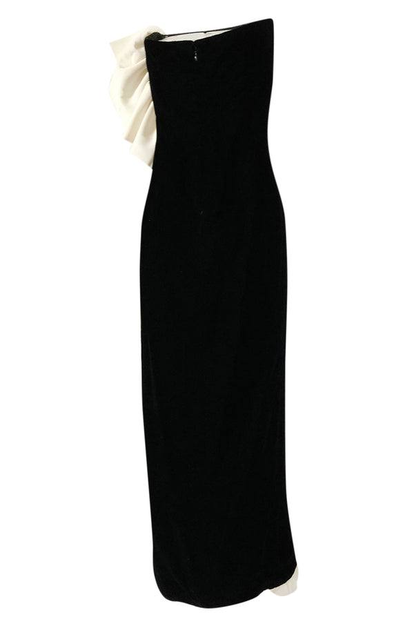 Fall 1979 Bill Blass Ivory Silk Ruffle on Ink Black Velvet Strapless Dress