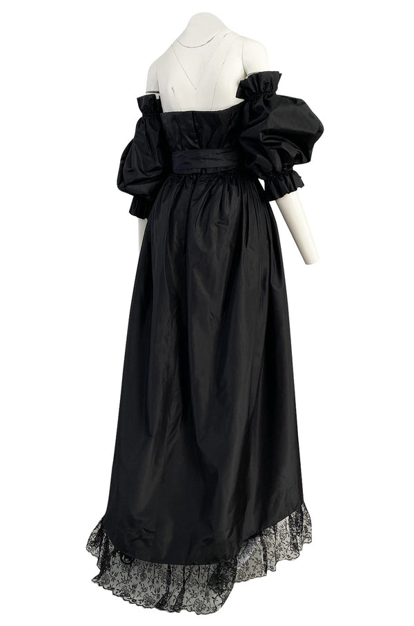 Important Fall 1959 Christian Dior by YSL Couture Black Silk Tafetta & Chantilly Lace Dress w Pouf Sleeves