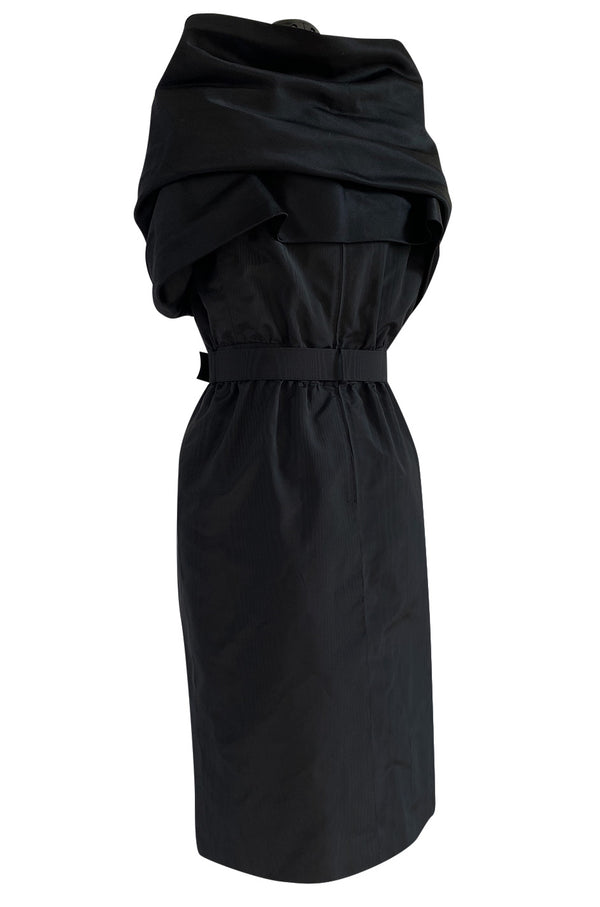 Exceptional Late 1970s Ady Couture Lausanne Black Silk Dress w Dramatic Wide Collar Shoulder Wrap