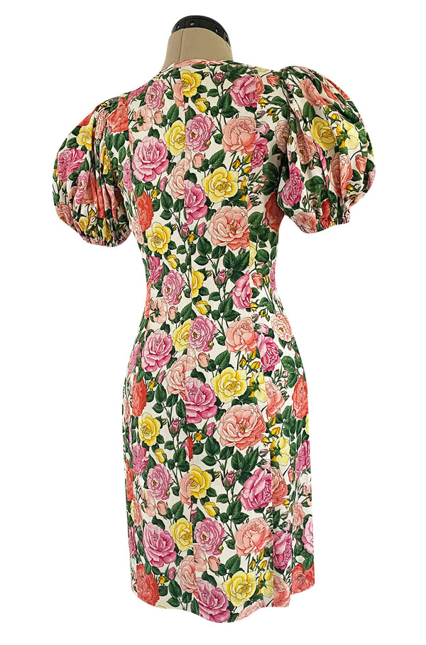 Well Documented Spring 1992 Yves Saint Laurent Ad Campaign Pouf Sleeve Silk Pink Floral Dress