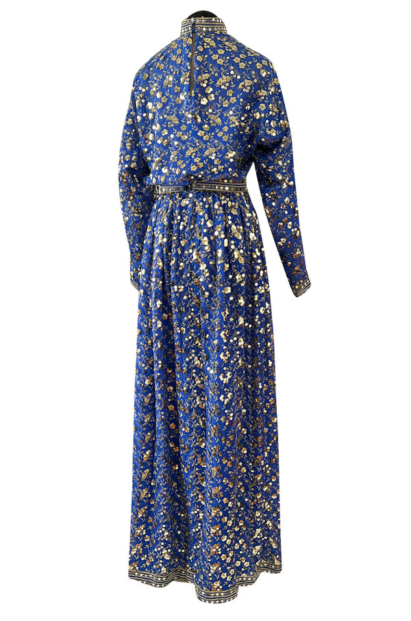 Stunnng 1980s Givenchy Gold Sequin on Blue Silk Chiffon Skirt & Top Dress Set