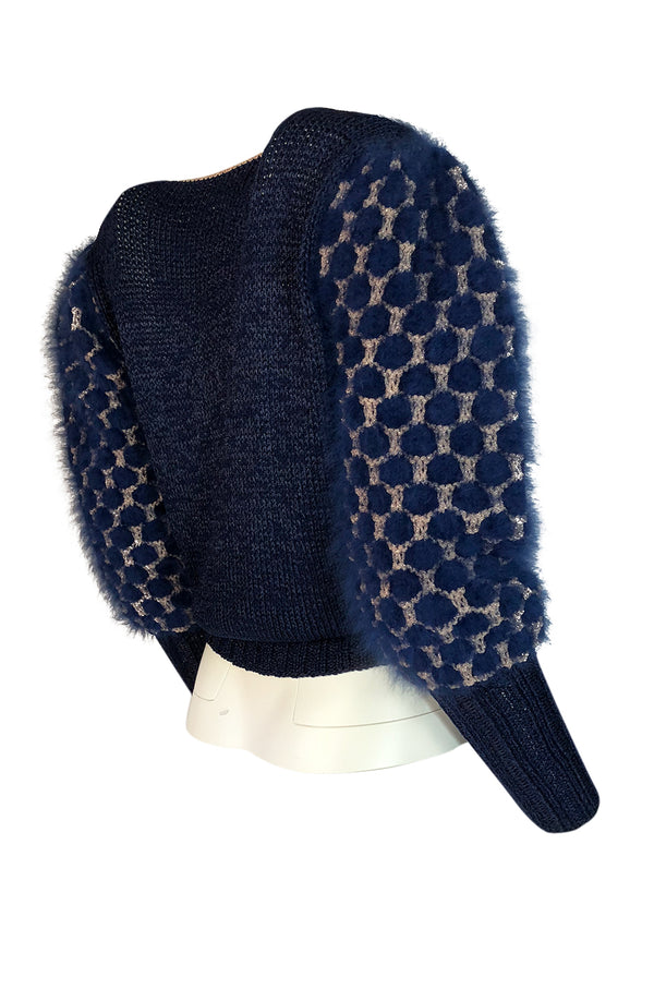 1970s Cropped Blue Mohair, Wool & Gold Metallic Plunge Sweater