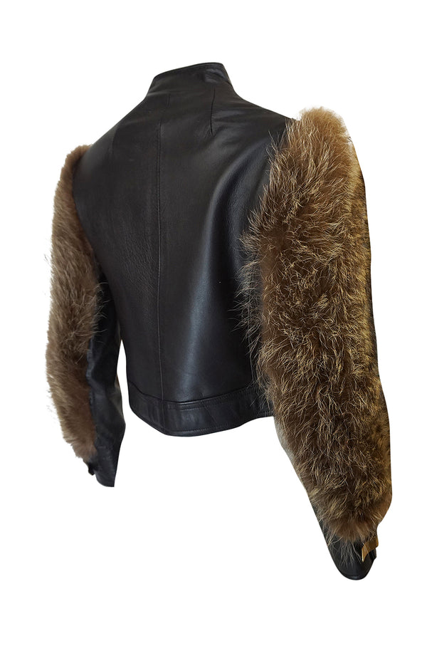 1960s Fur Sleeve Leather Bomber Jacket w Brass Hook Closures