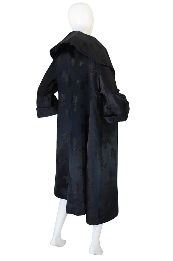 Dramatic 1950s Woven Floral Black Silk Opera Coat