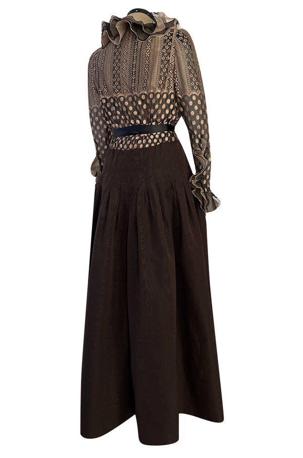 Incredible 1980s Unlabeled Haute Couture Silk Net & Brown Silk Taffeta Plunge Front Dress