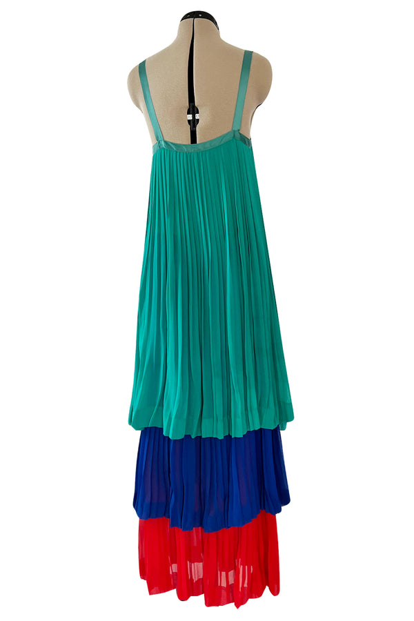 Spectacular Spring 1979 Yves Saint Laurent Silk Chiffon Pleat Dress In Green Blue & Red