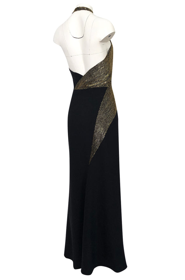 Fall 1973 Karl Lagerfeld for Chloe Black Silk Dress w Gold Beaded Bodice